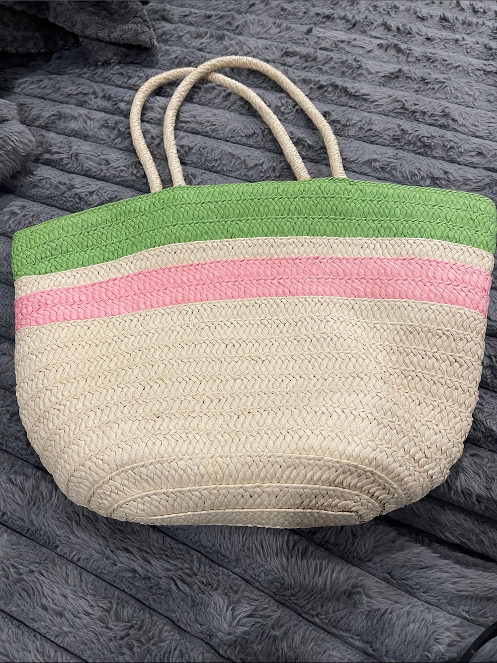 Straw Beach Tote Bag in Natural, Pink & Green